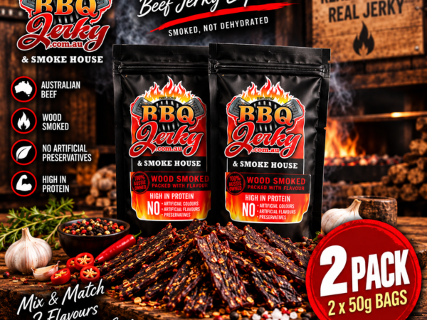 Award-winning Australian BBQ Jerky 2 Pack with two 50g bags of wood smoked beef jerky