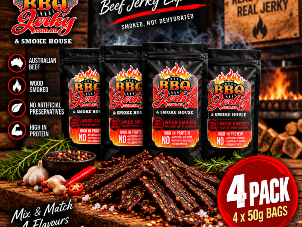 Award-winning Australian BBQ Jerky 4 Pack with four 50g bags of wood smoked beef jerky