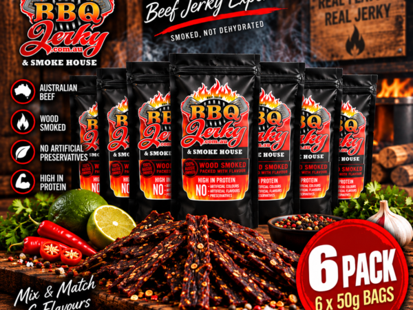 Award-winning Australian BBQ Jerky 6 Pack with six 50g bags of wood smoked beef jerky
