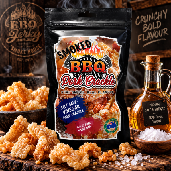 BBQ Jerky Salt & Vinegar Pork Crackle – crispy Australian made smoked pork crackle