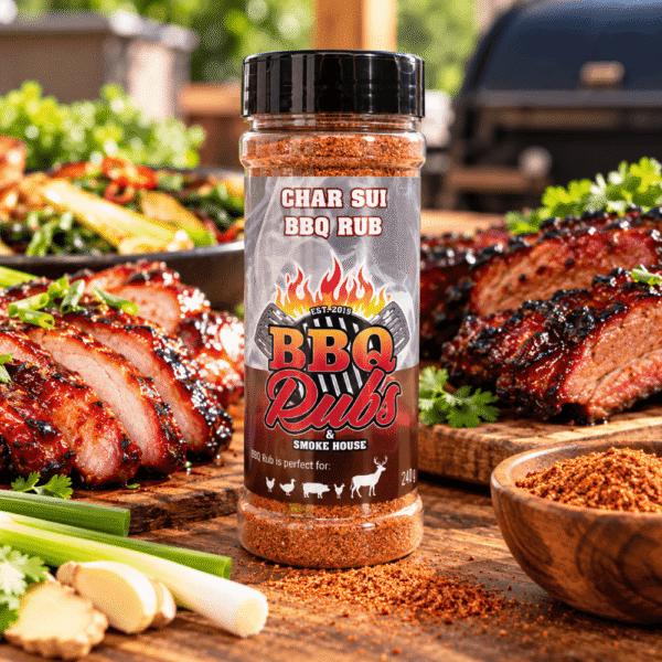 Char Sui BBQ Rub by BBQ Jerky & Smoke House, displayed with sliced Chinese-style barbecue pork, fresh spring onions, ginger and BBQ seasoning.