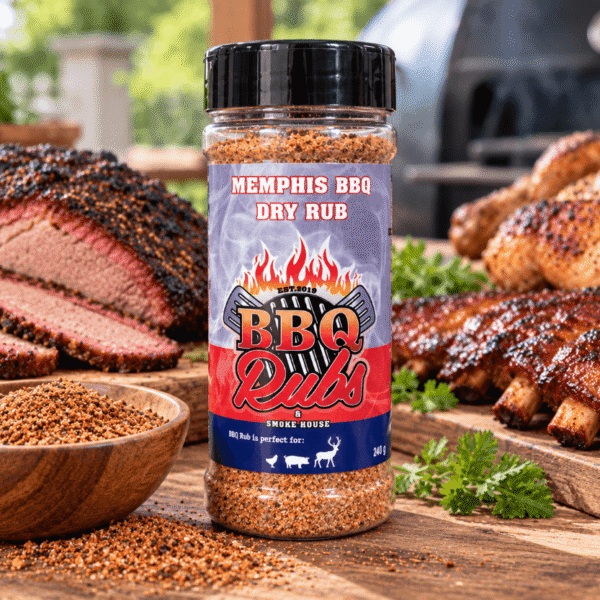 Memphis BBQ Dry Rub by BBQ Jerky & Smoke House, displayed with smoked brisket, barbecue pork ribs, grilled chicken and BBQ seasoning.