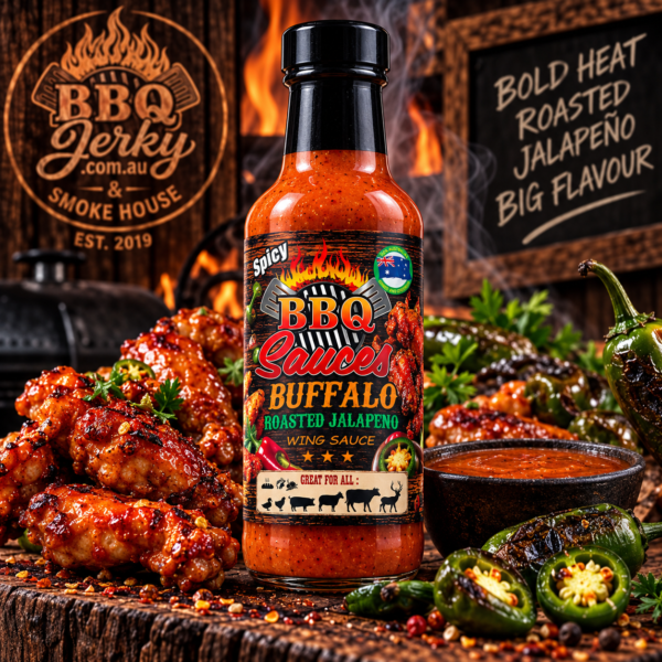 BBQ Jerky Buffalo Roasted Jalapeño Wing Sauce with buffalo wings and roasted jalapeños