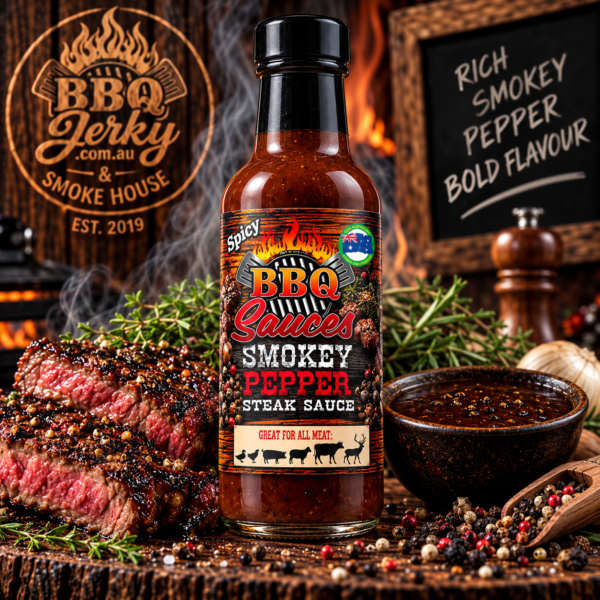 BBQ Jerky Smokey Pepper Steak Sauce with grilled steak and cracked pepper