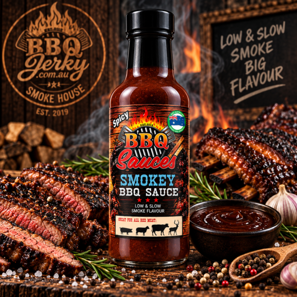 BBQ Jerky Smokey BBQ Sauce with smoked barbecue ribs and grilled beef